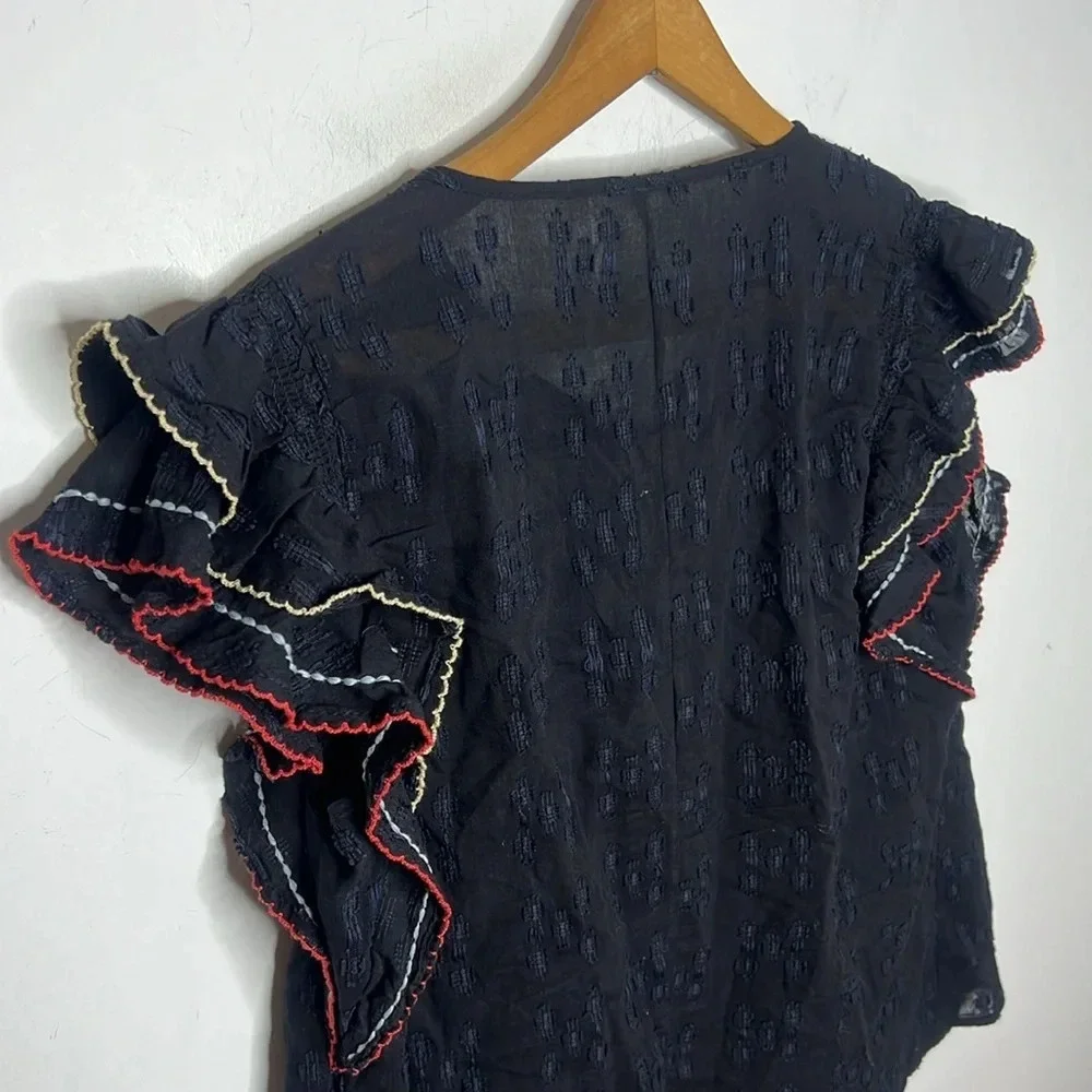ACOS&A Black Ruffle Sleeve Boho Blouse Tassel Tie Textured Top M